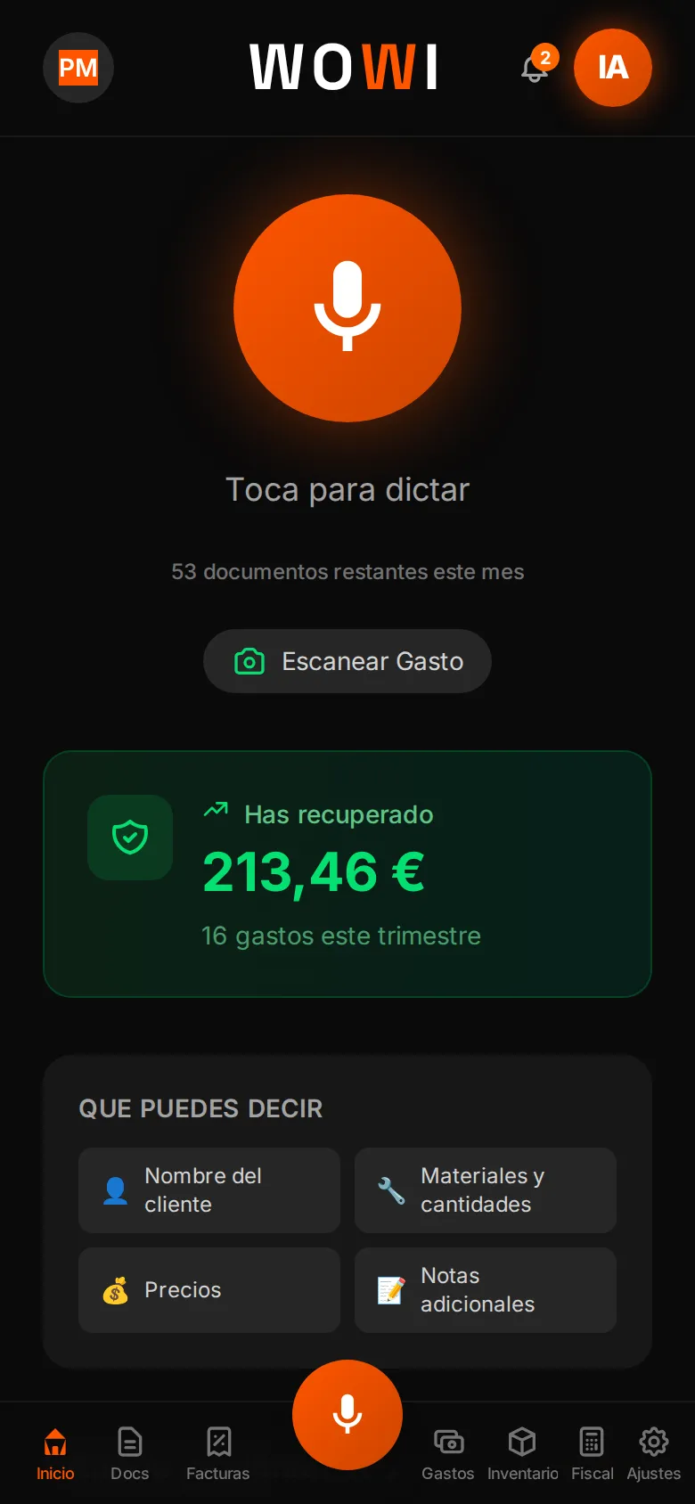 Pantalla de inicio de WOWI con el botón «Toca para dictar»