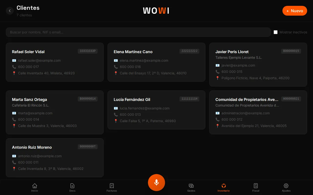 Lista de clientes de WOWI con NIF, email, teléfono y dirección