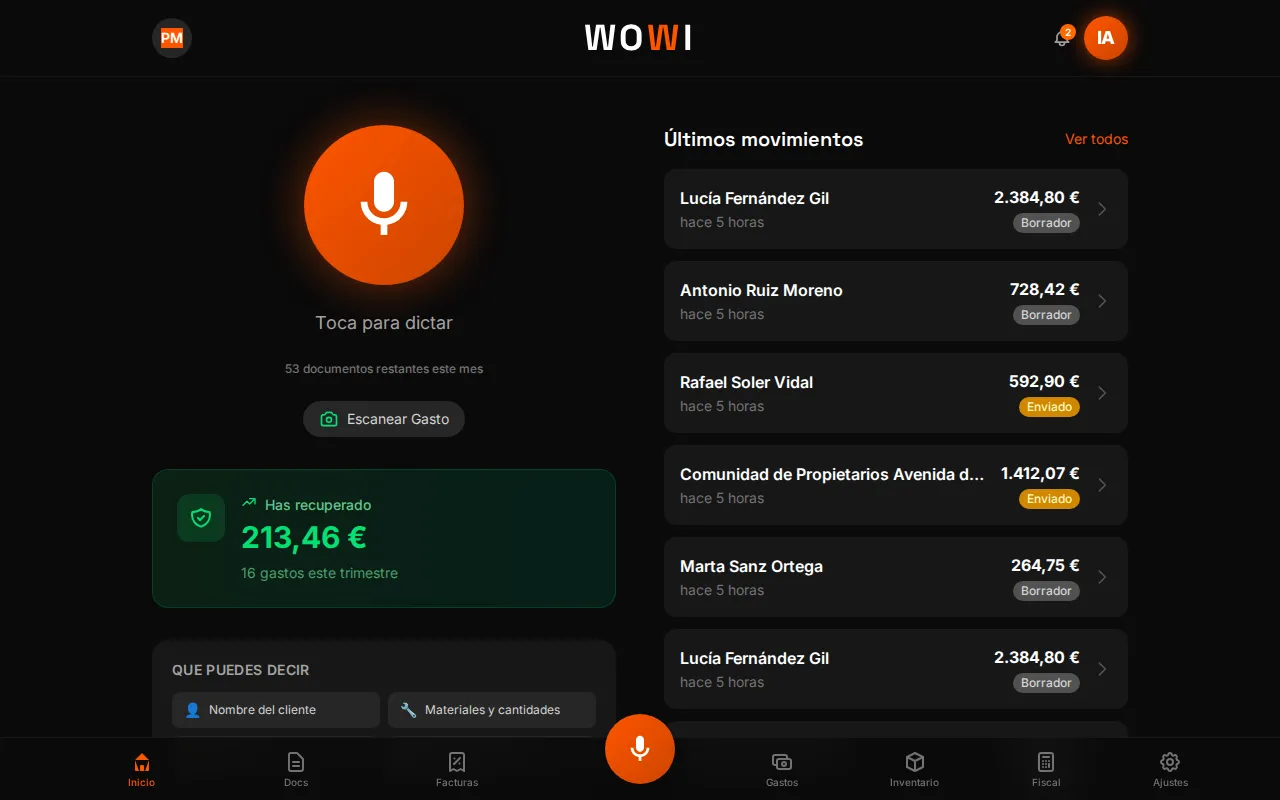 Pantalla de inicio de WOWI en el ordenador con el botón de dictar, el IVA del trimestre y los últimos movimientos