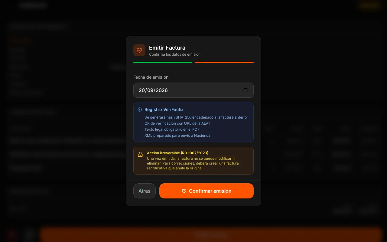 Confirmación de emisión de una factura en WOWI: huella encadenada, QR y aviso de que no se podrá modificar