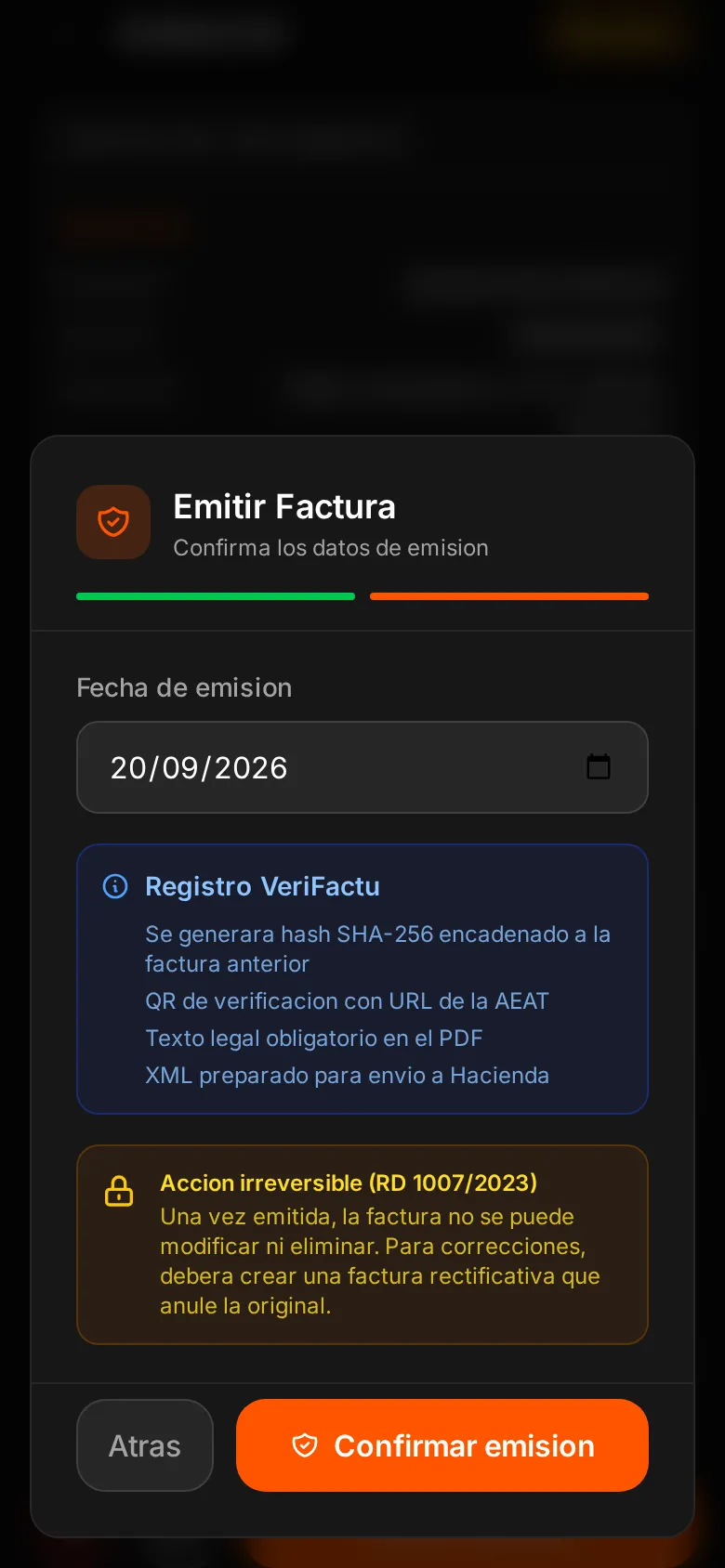 Confirmación de emisión de una factura en el móvil con el aviso de acción irreversible