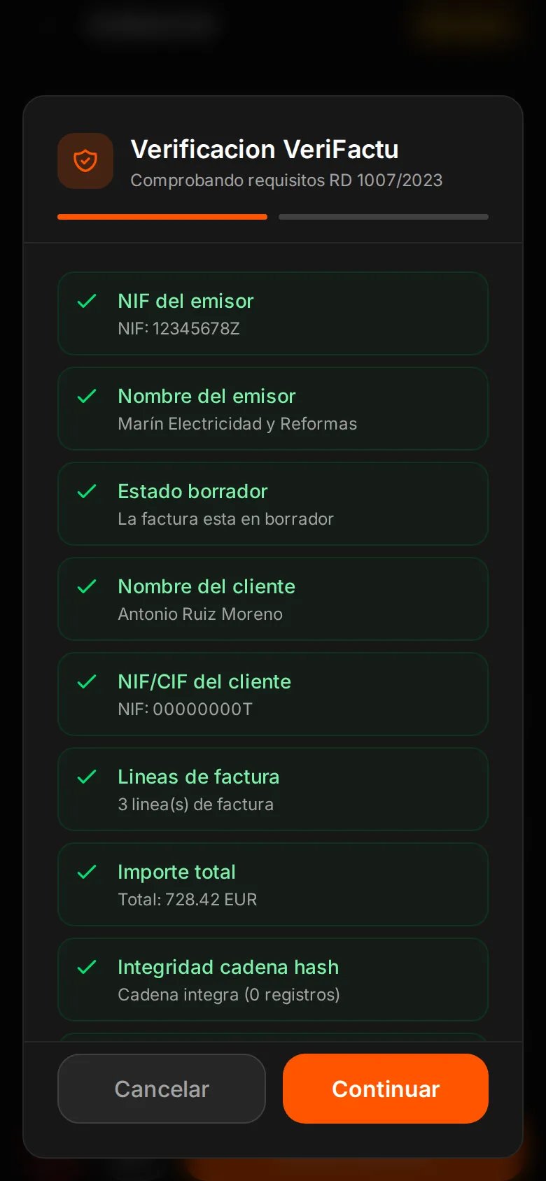 Comprobaciones de requisitos VeriFactu antes de emitir una factura en el móvil