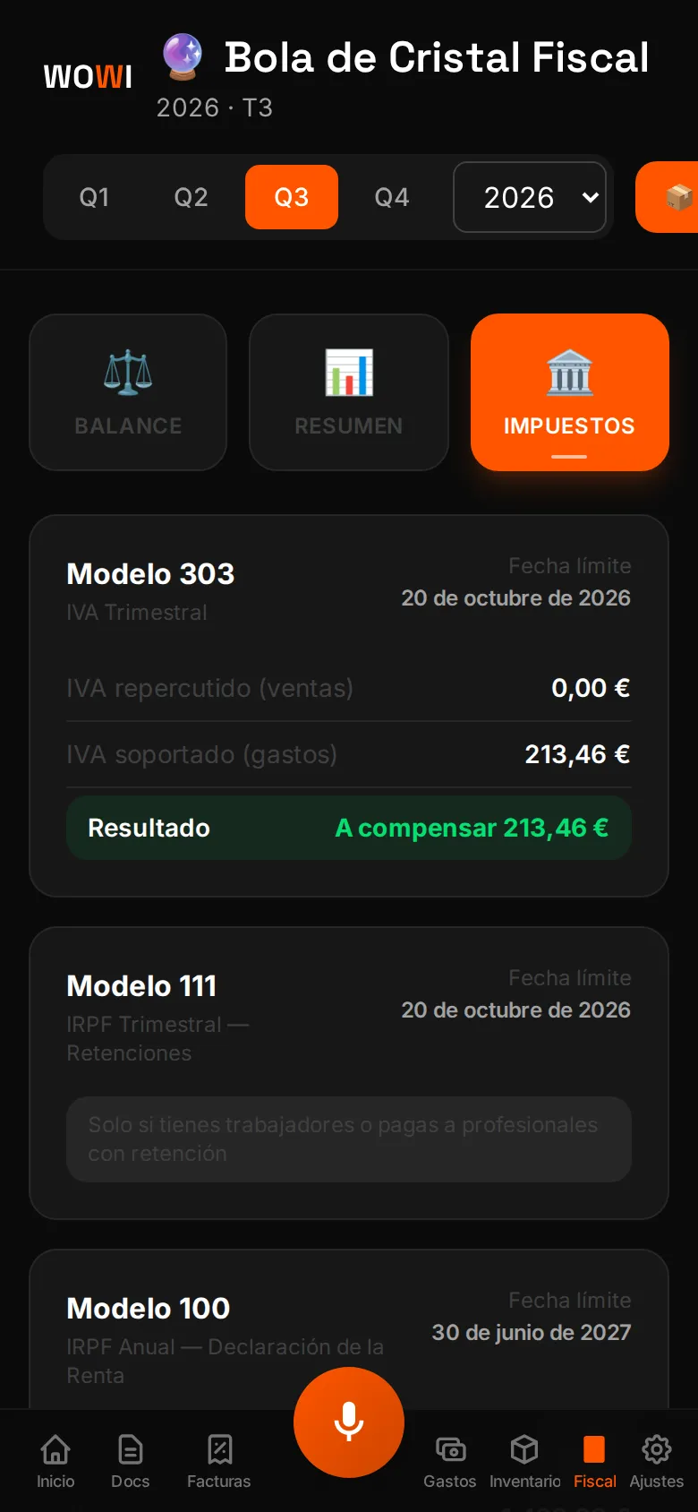 Panel fiscal de WOWI en el móvil con la estimación del IVA del trimestre