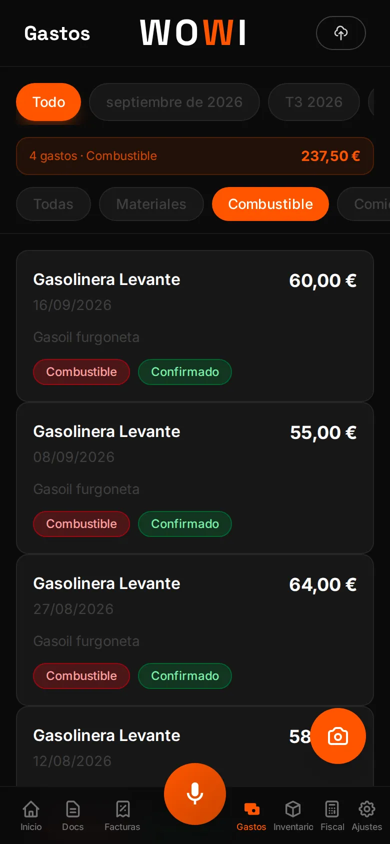 Gastos de WOWI filtrados por la categoría combustible