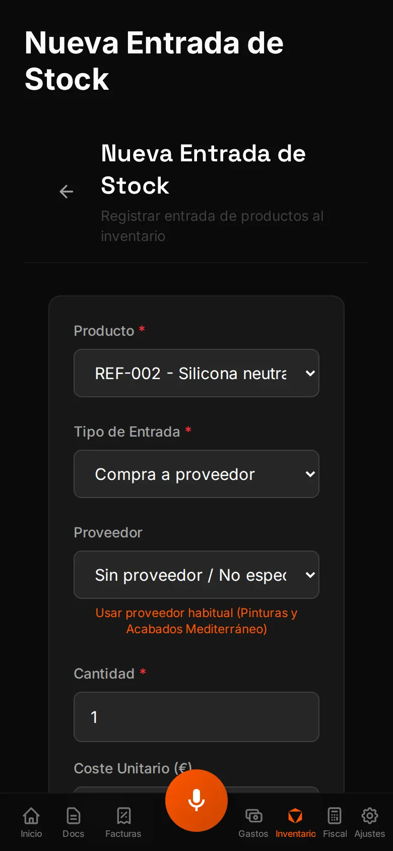 Formulario de WOWI para registrar una entrada de stock