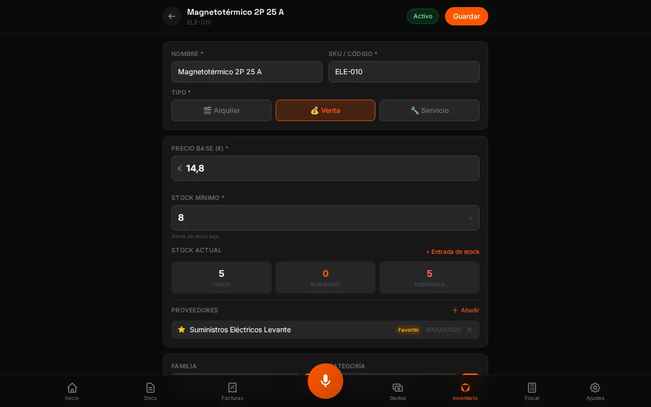 Ficha de un producto de WOWI con precio, stock mínimo, stock máximo y proveedor