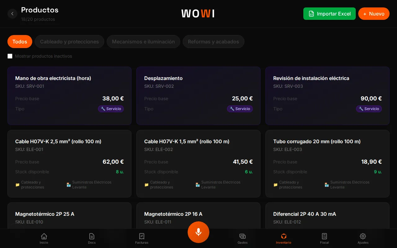 Lista de productos del inventario de WOWI con familias, referencia, precio y stock