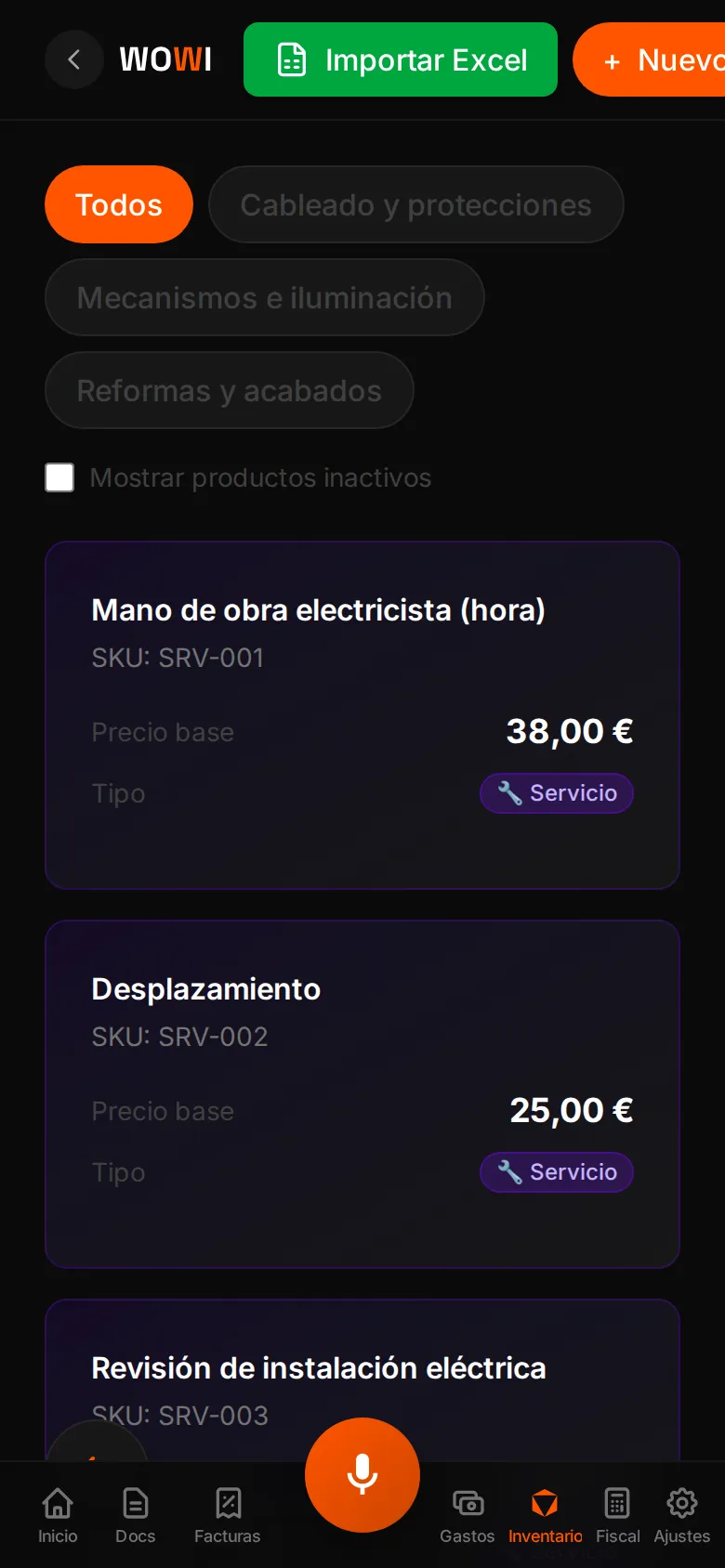 Lista de productos del inventario en el móvil