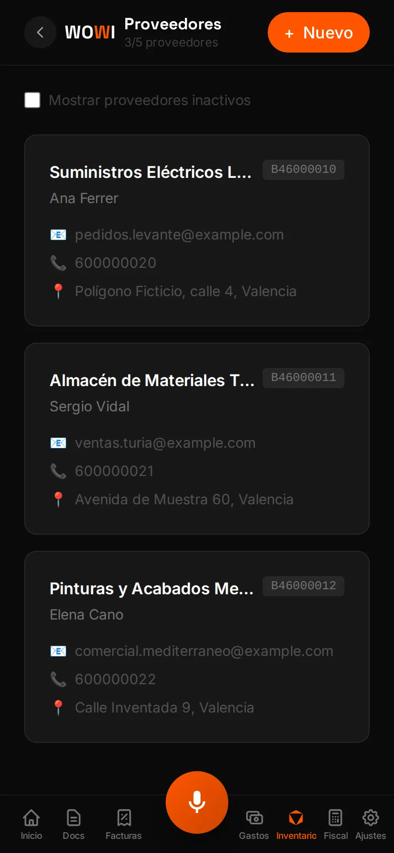 Lista de proveedores de WOWI con contacto, NIF y dirección