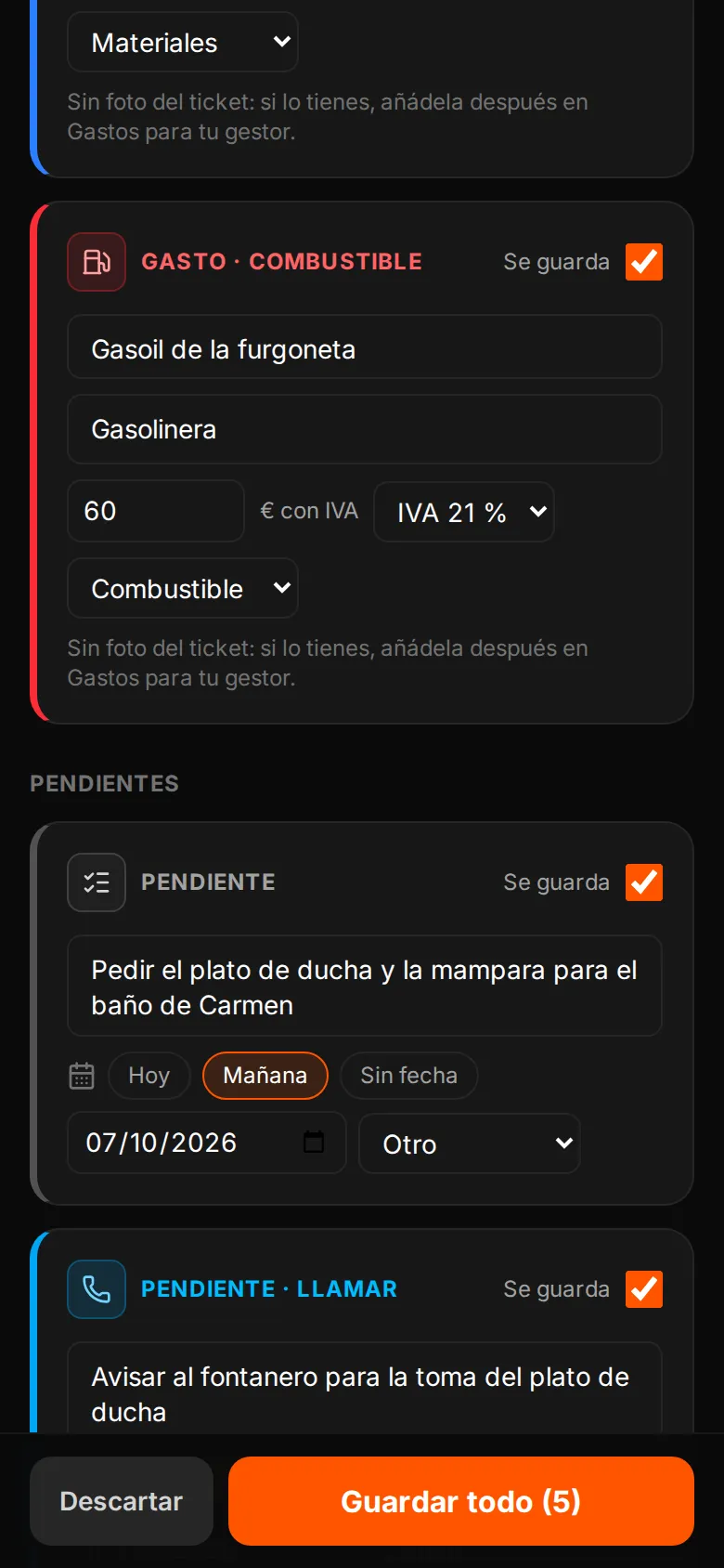 Parte del día de un reformista en WOWI con los gastos del almacén y del gasoil y dos pendientes para mañana