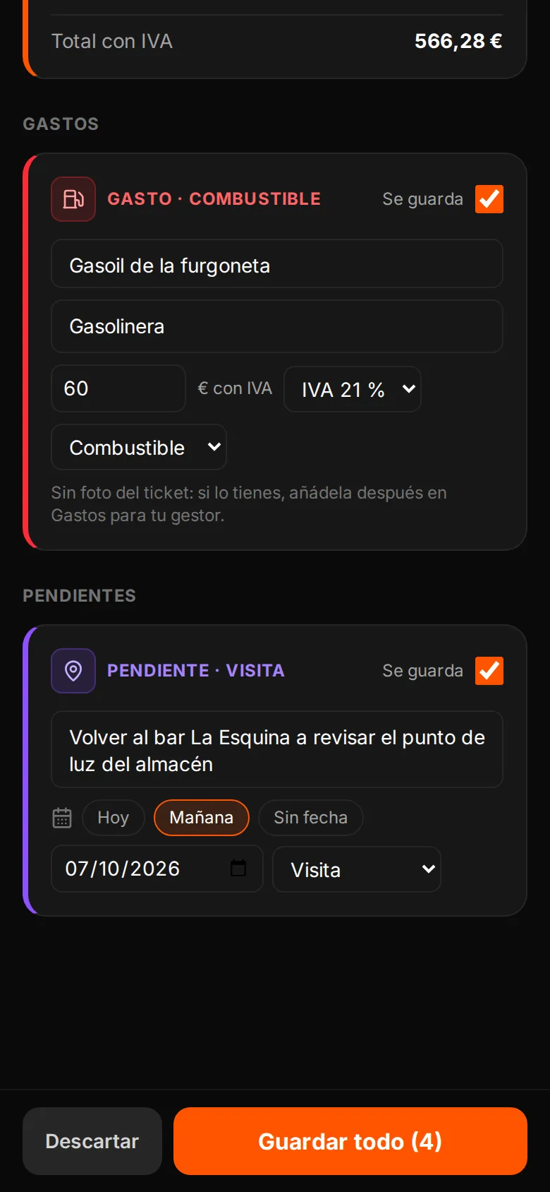 Parte del día en WOWI con un gasto de gasoil y un pendiente para mañana listos para guardar