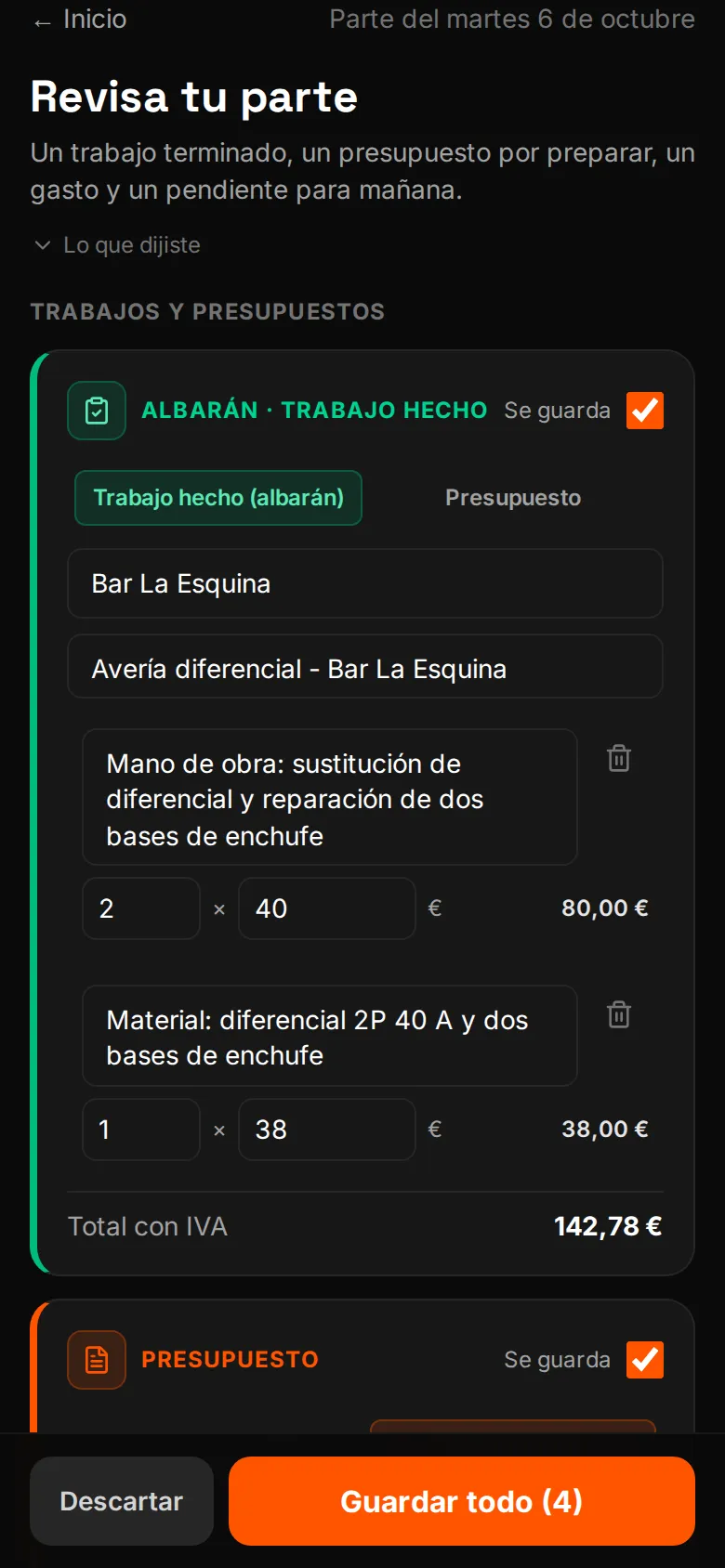 Revisión del parte del día en WOWI: un albarán de una avería y un presupuesto preparados a partir de un solo audio, con el botón Guardar todo