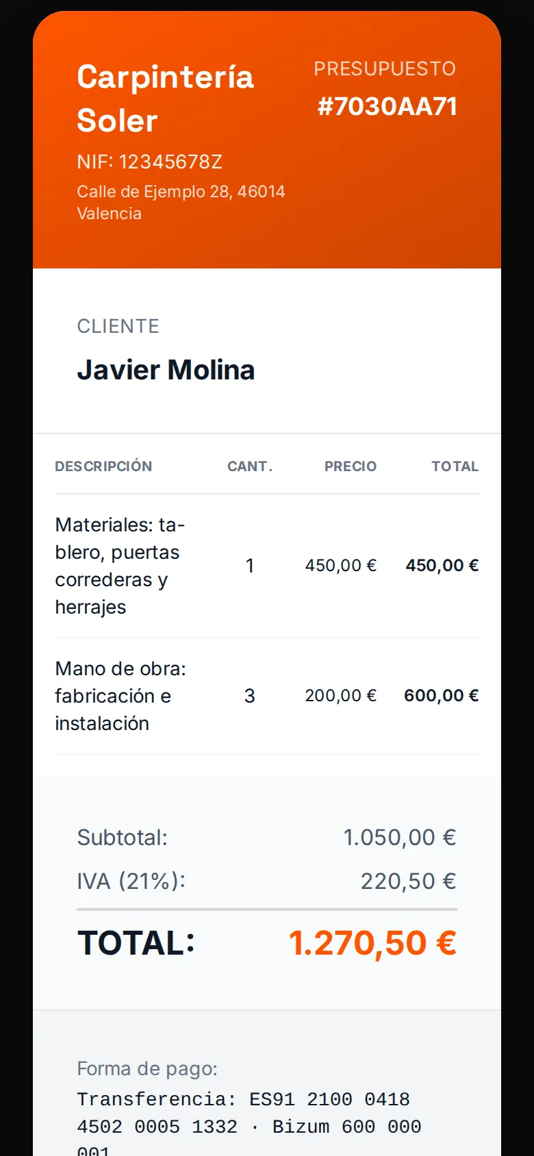 Presupuesto de carpintería en el móvil, listo para enviar por WhatsApp