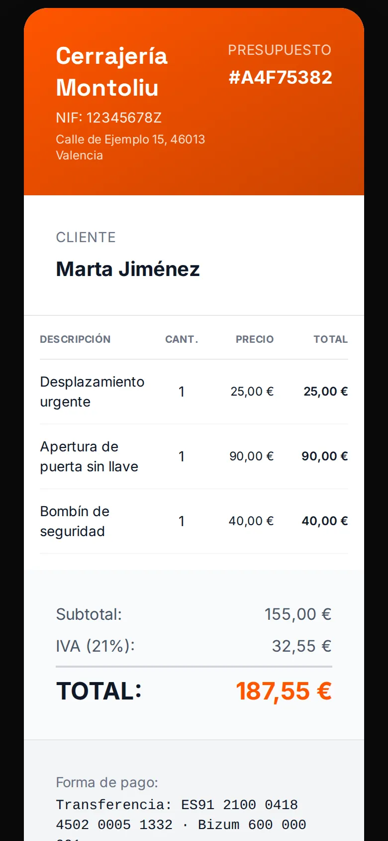 Presupuesto de cerrajería en el móvil, listo para enviar por WhatsApp
