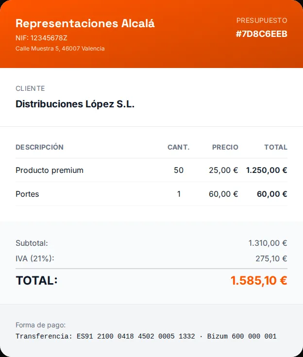 Presupuesto de venta de producto a un distribuidor con portes y IVA del 21 %