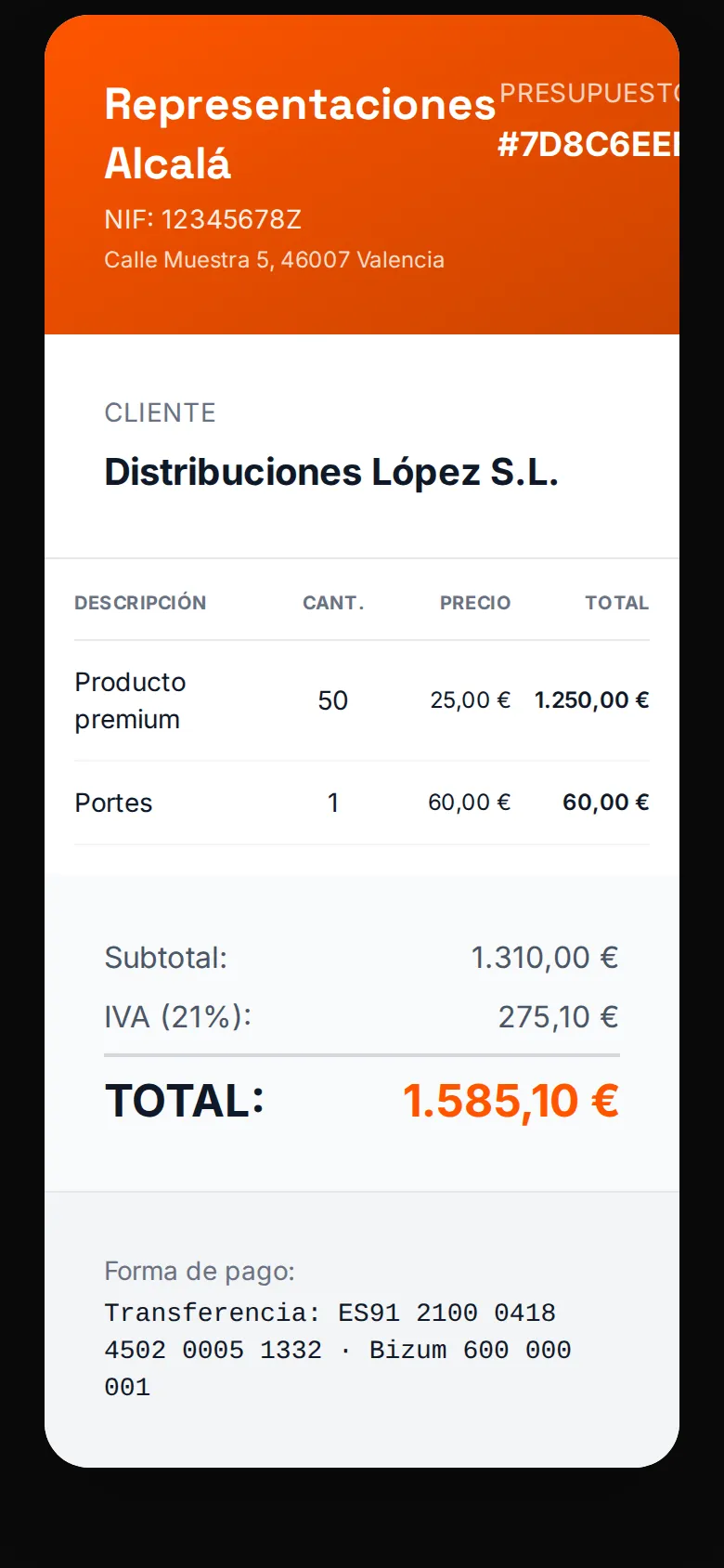 Presupuesto de producto a un distribuidor en el móvil, listo para enviar