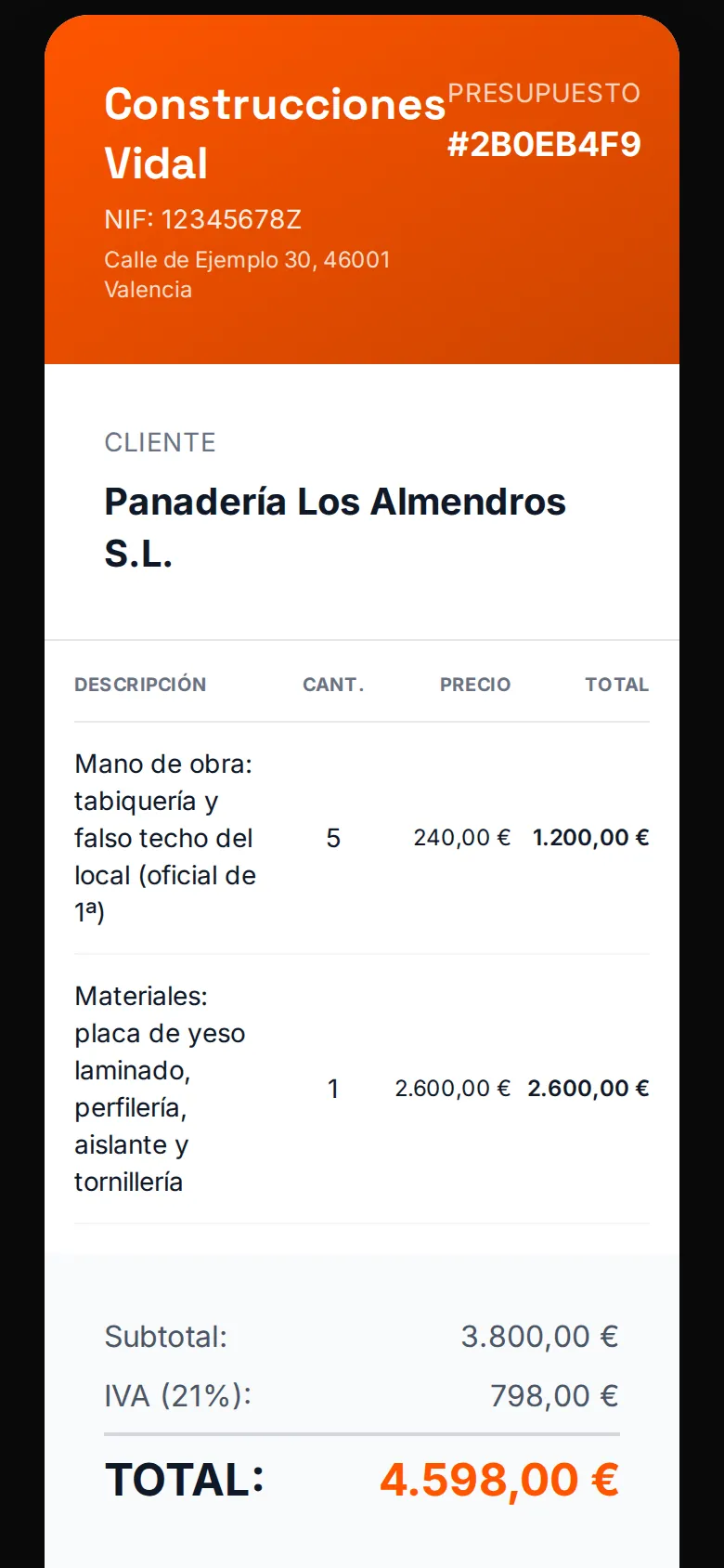 Presupuesto de obra de un local comercial en el móvil, listo para enviar