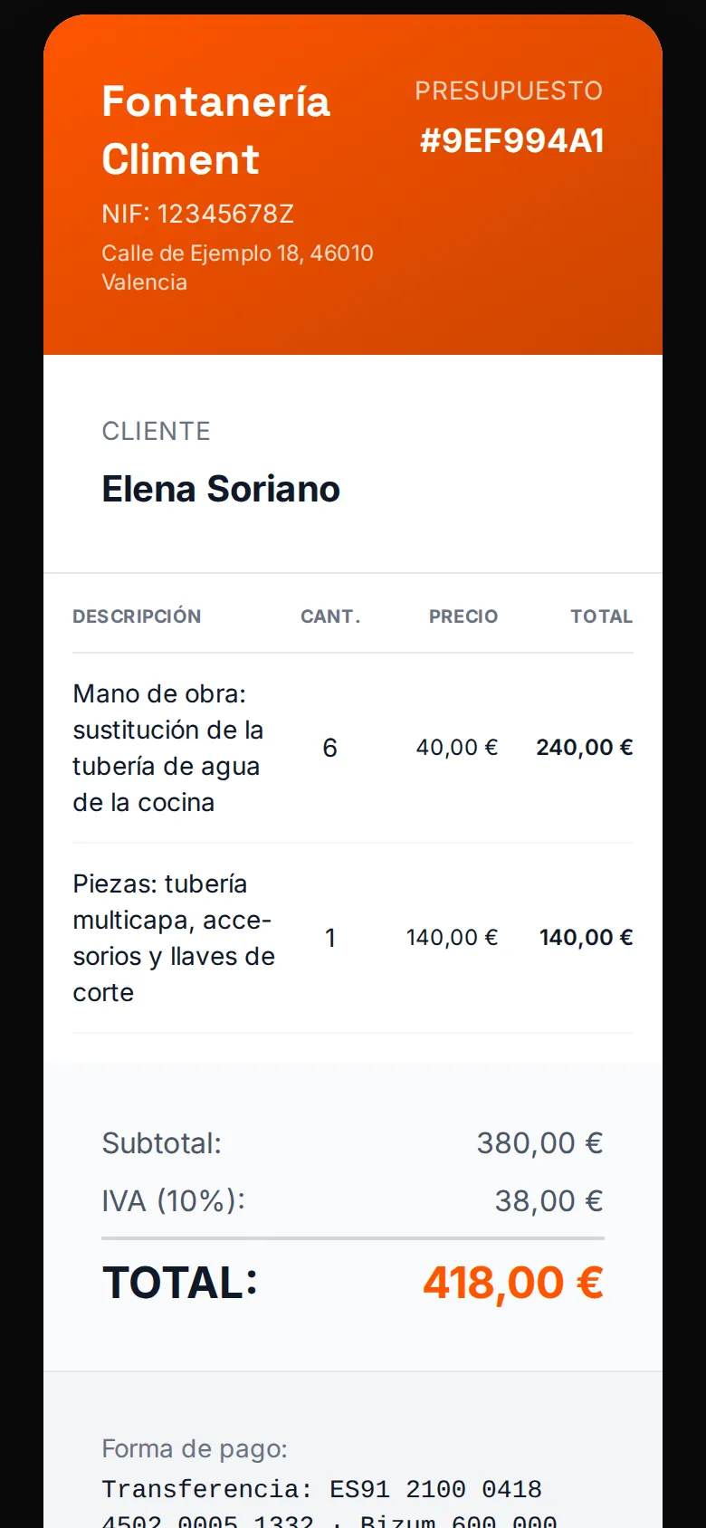 Presupuesto de fontanería en el móvil, listo para enviar por WhatsApp