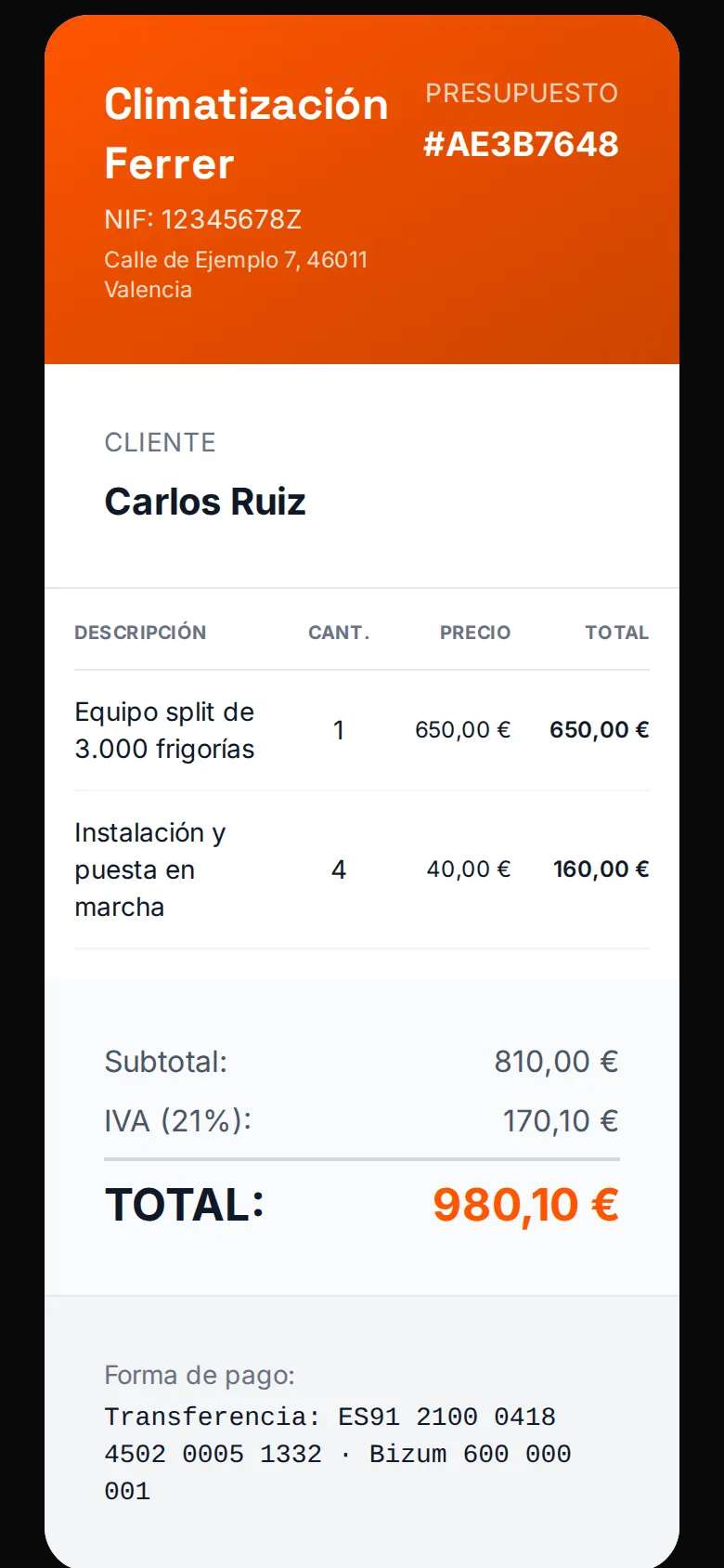 Presupuesto de aire acondicionado en el móvil, listo para enviar por WhatsApp