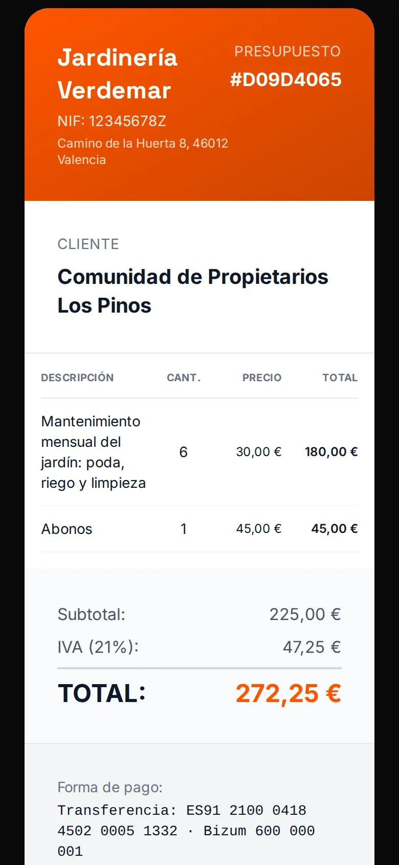 Presupuesto de mantenimiento de jardín en el móvil, listo para enviar