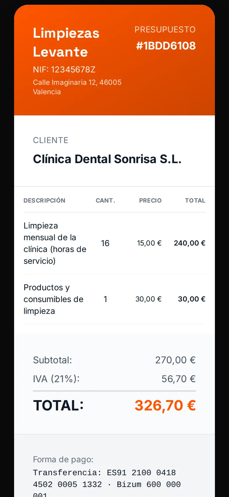 Presupuesto de limpieza en el móvil, listo para enviar