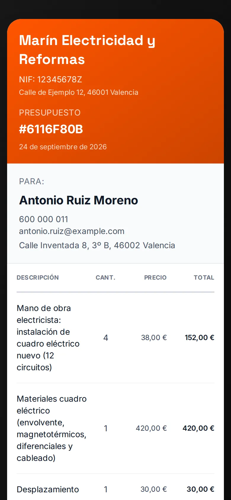 Página pública de un presupuesto de WOWI tal como la ve el cliente desde un enlace