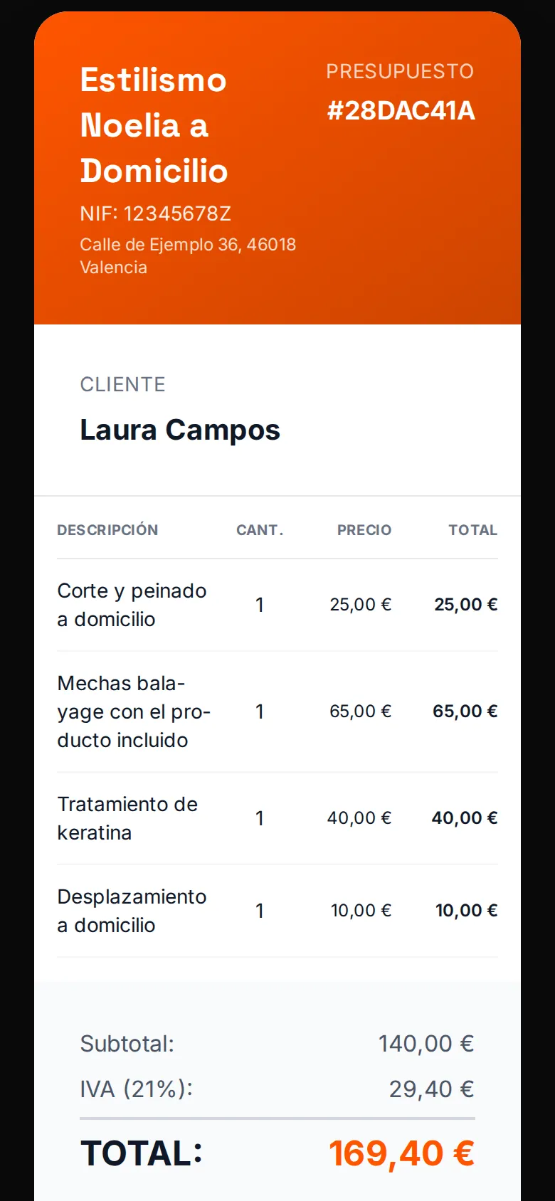 Presupuesto de peluquería a domicilio en el móvil, listo para enviar por WhatsApp