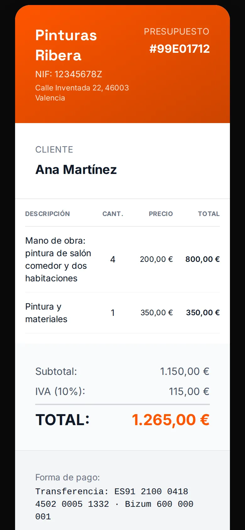 Presupuesto de pintura en el móvil, listo para enviar por WhatsApp