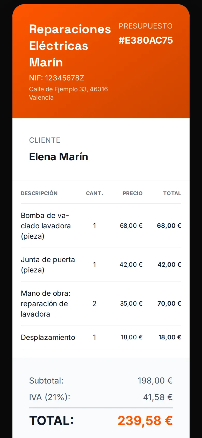Presupuesto de reparación de electrodomésticos en el móvil, listo para enviar por WhatsApp