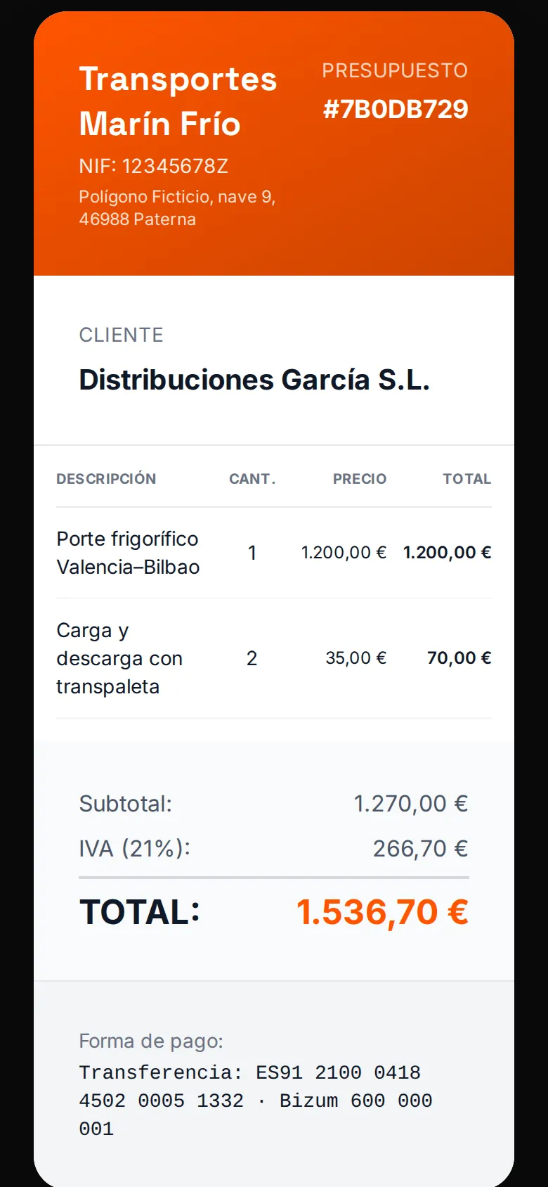Presupuesto de un porte en el móvil, listo para enviar