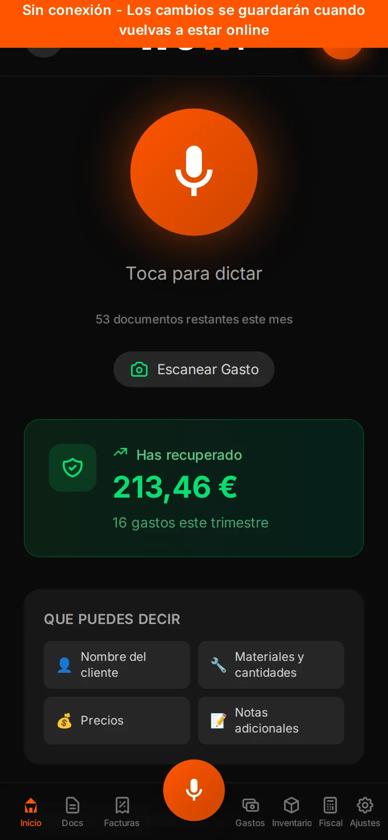 Inicio de WOWI sin conexión con la franja naranja «Sin conexión» y el botón de dictar