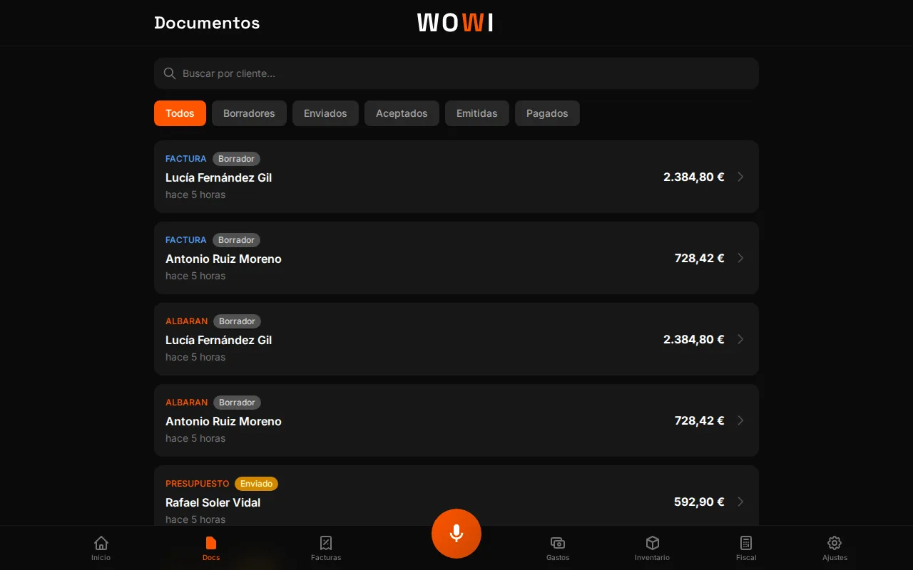 Lista de presupuestos, albaranes y facturas de WOWI con filtros por estado, cliente e importe