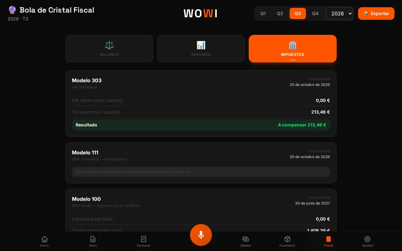 Panel fiscal de WOWI con estimaciones del Modelo 303, 111, 100, 190 y 347 y sus fechas límite