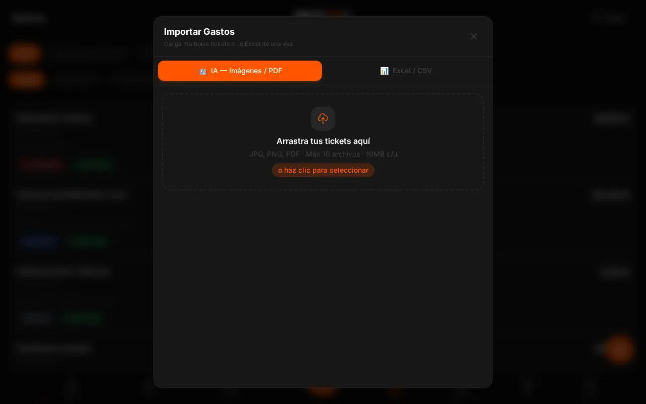 Ventana de WOWI para importar gastos por IA o desde Excel y CSV