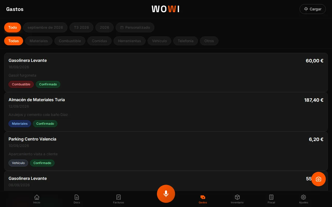 Lista de gastos de WOWI con filtros por periodo y categoría