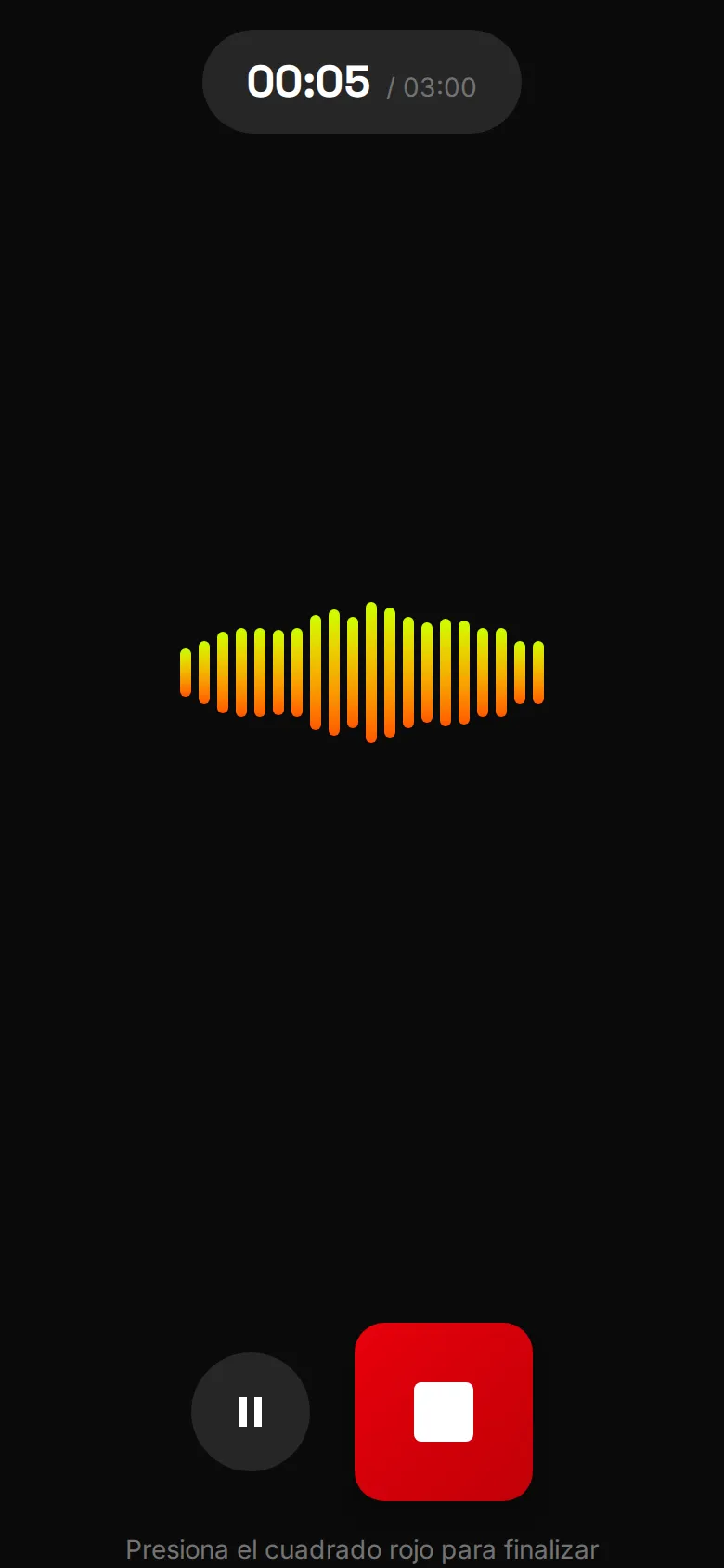 Grabación de un dictado en WOWI con el temporizador de tres minutos y la onda de sonido