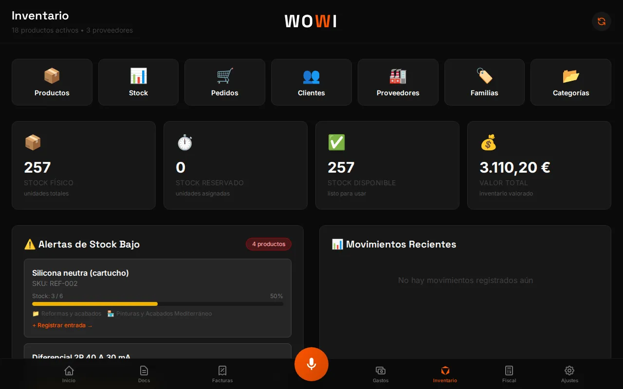Panel de inventario de WOWI con valor del stock y alertas de stock bajo