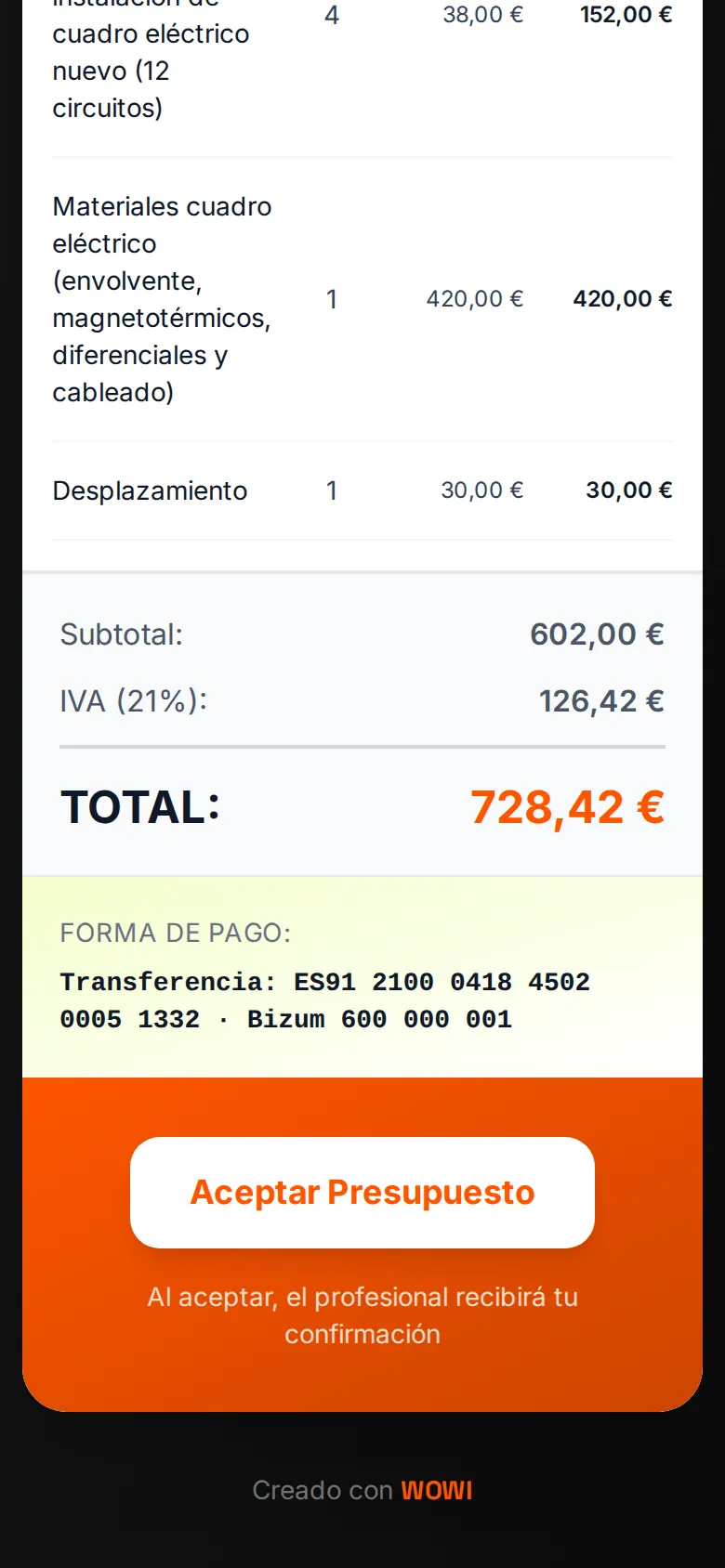 Final de la página pública de un presupuesto de WOWI con los totales, la forma de pago y el botón Aceptar Presupuesto