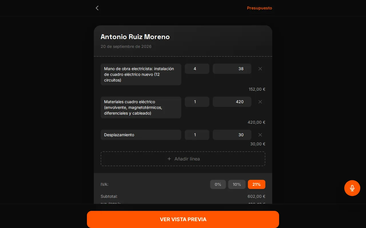 Editor de un presupuesto de electricista en WOWI con partidas editables