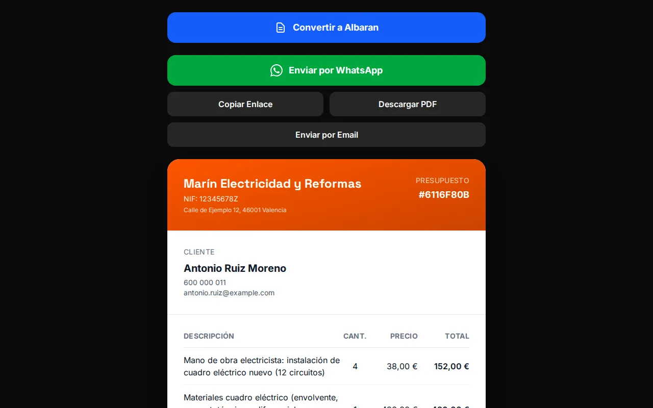 Vista previa de un presupuesto de electricista en WOWI con botones para convertir a albarán y enviar por WhatsApp